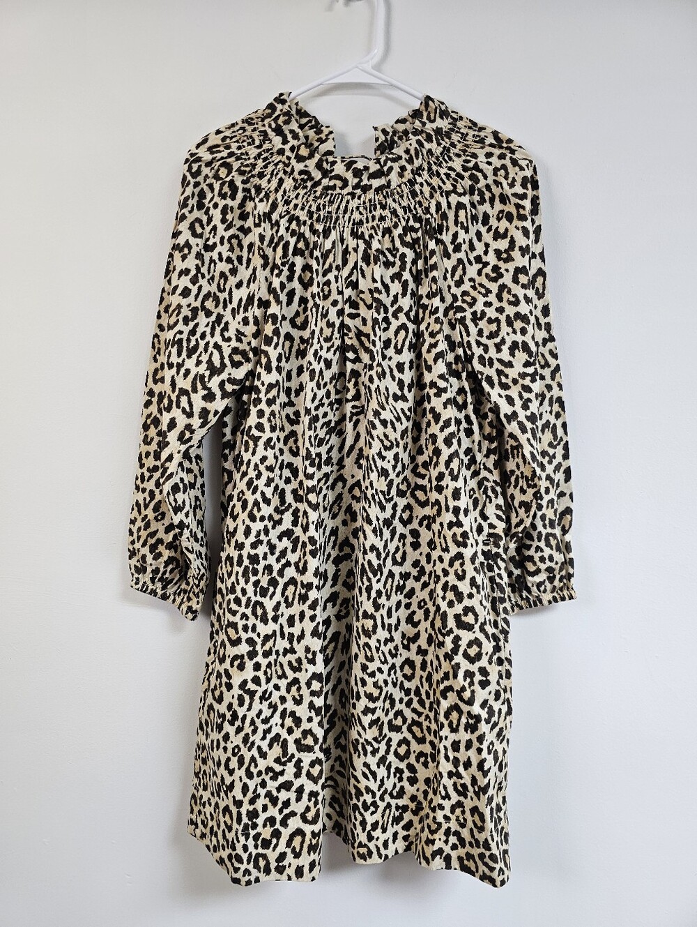 J. Crew Leppard Animal Print Smocked Ruffle Neck Dress Long Puff Sleeve